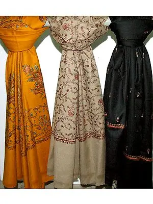Lot of Three Kashmiri Shawls with Needle Stitch Embroidery by Hand