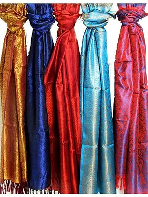 Lot of Five Pure Silk Stoles with Tanchoi Weave
