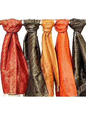Lot of Five Banarasi Zari Ektara Stoles with Golden Thread Weave