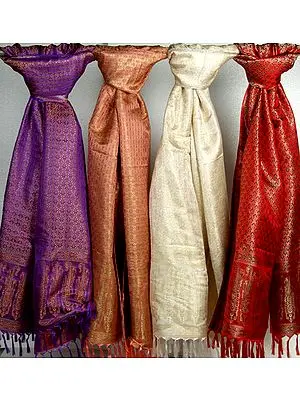 Lot of Four Resham Dohra Banarasi Stoles with Dense Weave