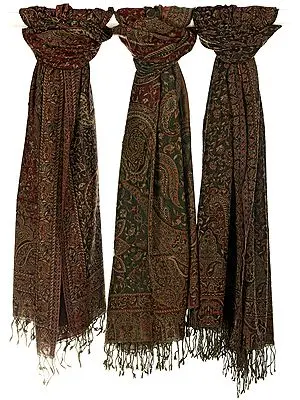 Lot of Three Reversible Jamawar Shawls with All-Over Weave