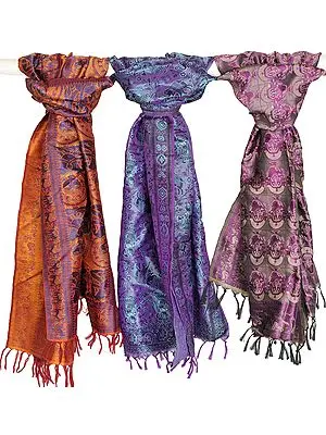 Lot of Three Banarasi Resham Stoles with Brocade Weave