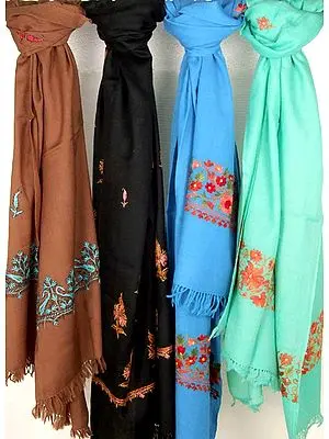 Lot of Four Kashmiri Stoles with Crewel Embroidery