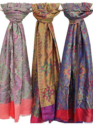 Lot of Three Modal Stoles with All-Over Phulkari Weave and Solid Border