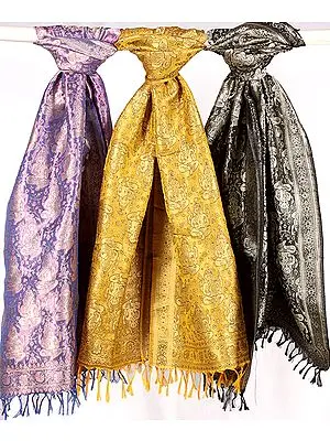Lord Ganesha Woven on a Lot of Three Banarasi Brocaded Stoles