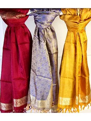 Lot of Three Hand-Woven Banarasi Tanchoi Shawls