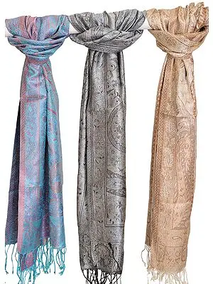 Lot of Three Super SIlk Jamawar Scarves