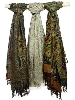 Lot of Three Jamawar Shawls with Jacquard Weave