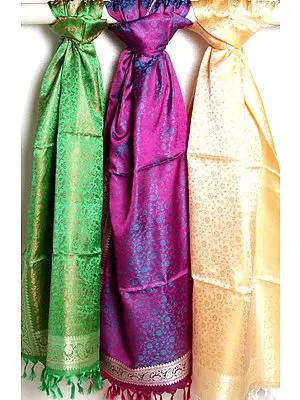 Lot of Three Hand-Woven Banarasi Tanchoi Stoles