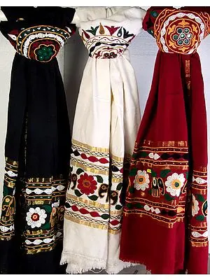 Lot of Three Shawls from Kutch with Embroidered Elephants and Flowers