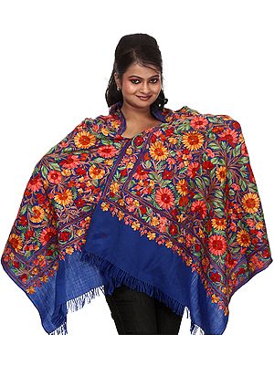 Dazzling-Blue Phulkari Kashmiri Stole with Aari Embroidered Flowers All-Over
