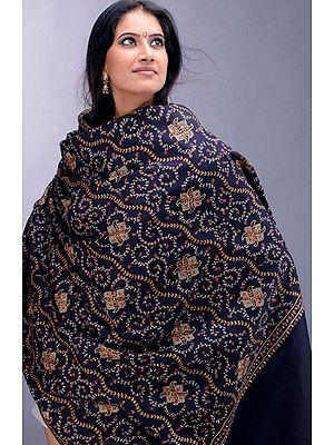 Deep Blue Shawl with Kantha Stitch Embroidery