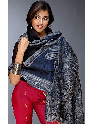 Deep-Blue Jamawar Stole with Crystals