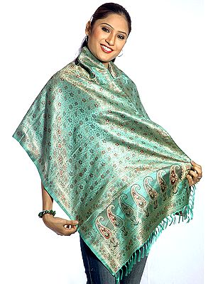 Emerald-Green Resham Tehra Stole with Tanchoi Weave All Over