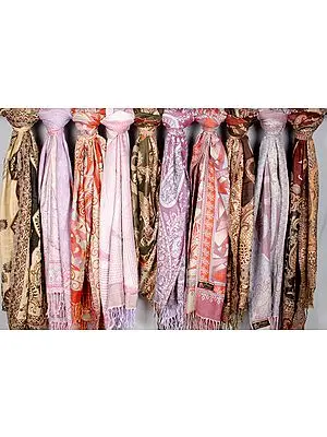 Lot of Ten Multi-Color Jamawar Stoles