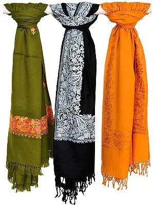 Lot of Three Stoles with Aari Embroidery from Kashmir