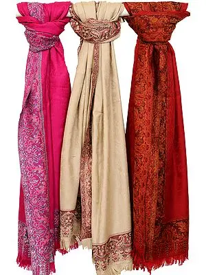 Lot of Three Plain Shawls with Jamawar Weave on Border