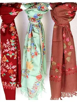 Lot of Three Stoles with All-Over Crewel Embroidery from Kashmir