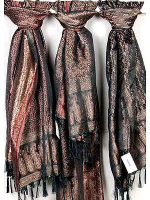 Lot of Three Black Banarasi Stoles with All-Over Tanchoi Weave