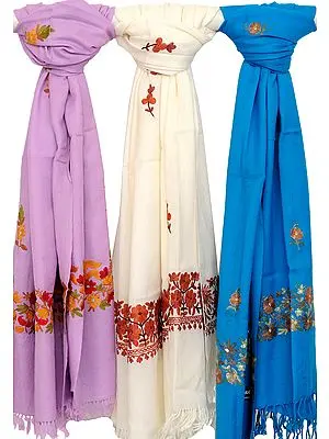 Lot of Three Stoles with Crewel Embroidered Flowers