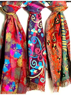 Lot of Three Jamawar Stoles with Embroidery