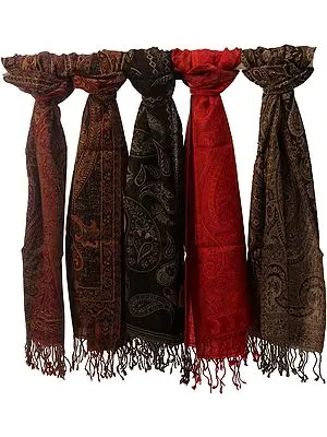 Lot of Five Reversible Jamawar Scarves