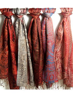 Lot of Five Double-Sided Jamawar Scarves