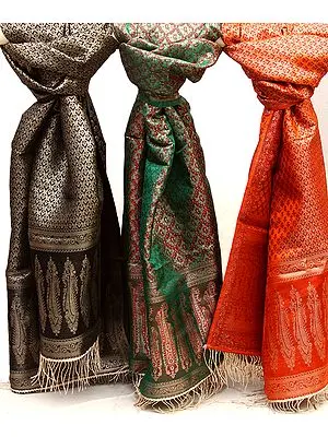 Lot of Three Banarasi Ektara Stoles with Zari Weave