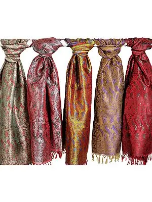 Lot of Five Banarasi Stoles with Woven Peacocks