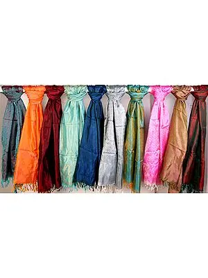 Lot of Ten Pure Silk Stoles with Tanchoi Weave