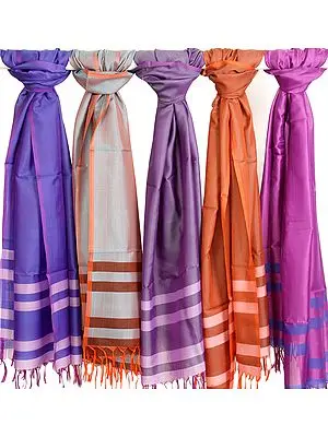 Lot of Five Banarasi Scarves with Woven Stripes