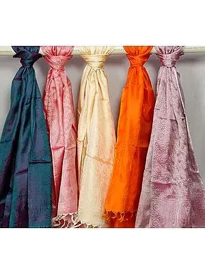 Lot of Five Pure Silk Stoles with Tanchoi Weave