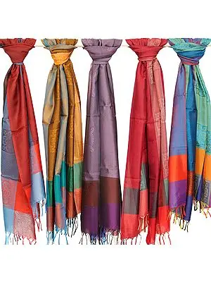 Lot of Five Scarves from Banaras with Woven Motifs