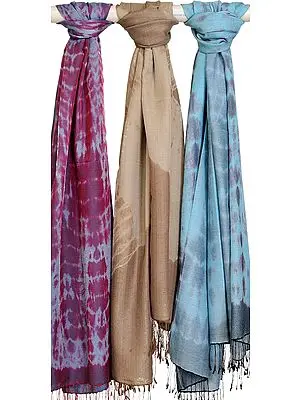 Lot of Three Batik-Dyed Silk-Wool Stoles from Nepal