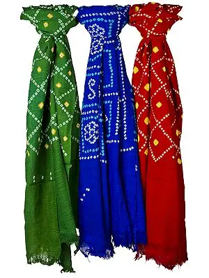 Lot of Three Bandhani Tie Dye Shawls from Kutchh