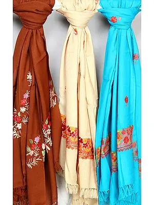 Lot of Three Kashmiri Stoles with Aari Embroidery on Border