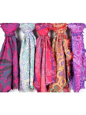 Lot of Five Boiled-Wool Jamawar Stoles