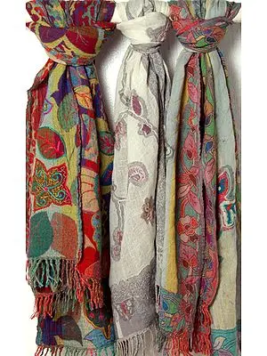 Lot of Three Boiled-Wool Jamawar Stoles with Embroidery