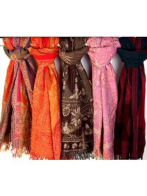 Lot of Five Boiled-Wool Jamawar Stoles
