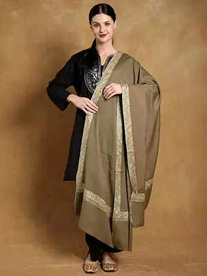 Overland-Trek Wool Plain Shawl from Kashmir with Phool Bail Sozni Hand Embroidered Border