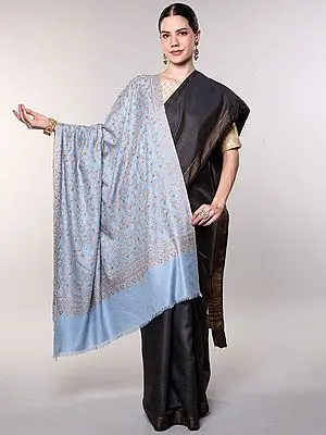 Niagara-Mist Pure Pashmina Shawl with Floral Sprigs Jaaldar Sozni Embroidery by Hand from Kashmir