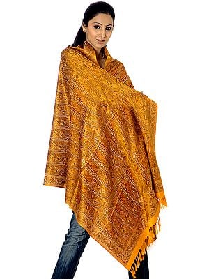 Golden-Mustard Stylized Paisley Banarasi Shawl with All-Over Weave