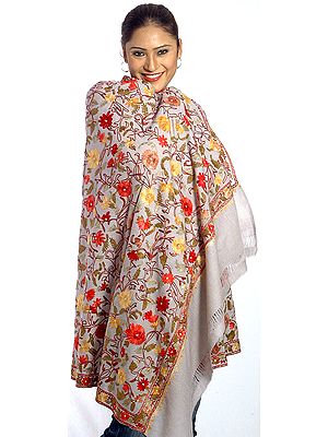 Gray Kashmiri Shawl with Crewel Embroidered Flowers All-Over