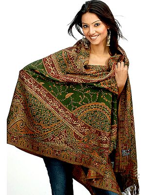 Green and Maroon Paisley Shawl with Kantha Embroidery