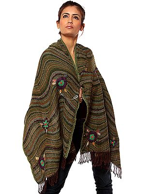 Green Boiled-Wool Stole with Threadwork and Beads