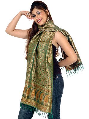 Green Resham Tehra Stole with Tanchoi Weave All Over