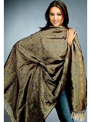 Green Shawl from Banaras with All-Over Weave