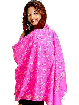 Hot Pink Stole from Kashmir with Aari-Embroidery