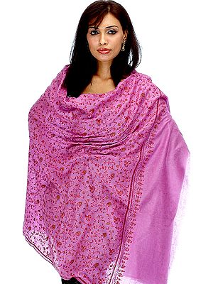 Hot-Pink Pure Pashmina Shawl with All-Over Dense Kashmiri Embroidery by Hand