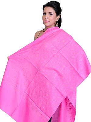 Hot-Pink Stole from Kashmir with Needle Stitch Embroidery All-Over